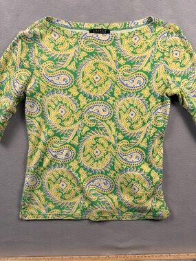 Lauren Ralph Lauren Women's Top Shirt Medium Green Paisley Cotton Preppy Resort